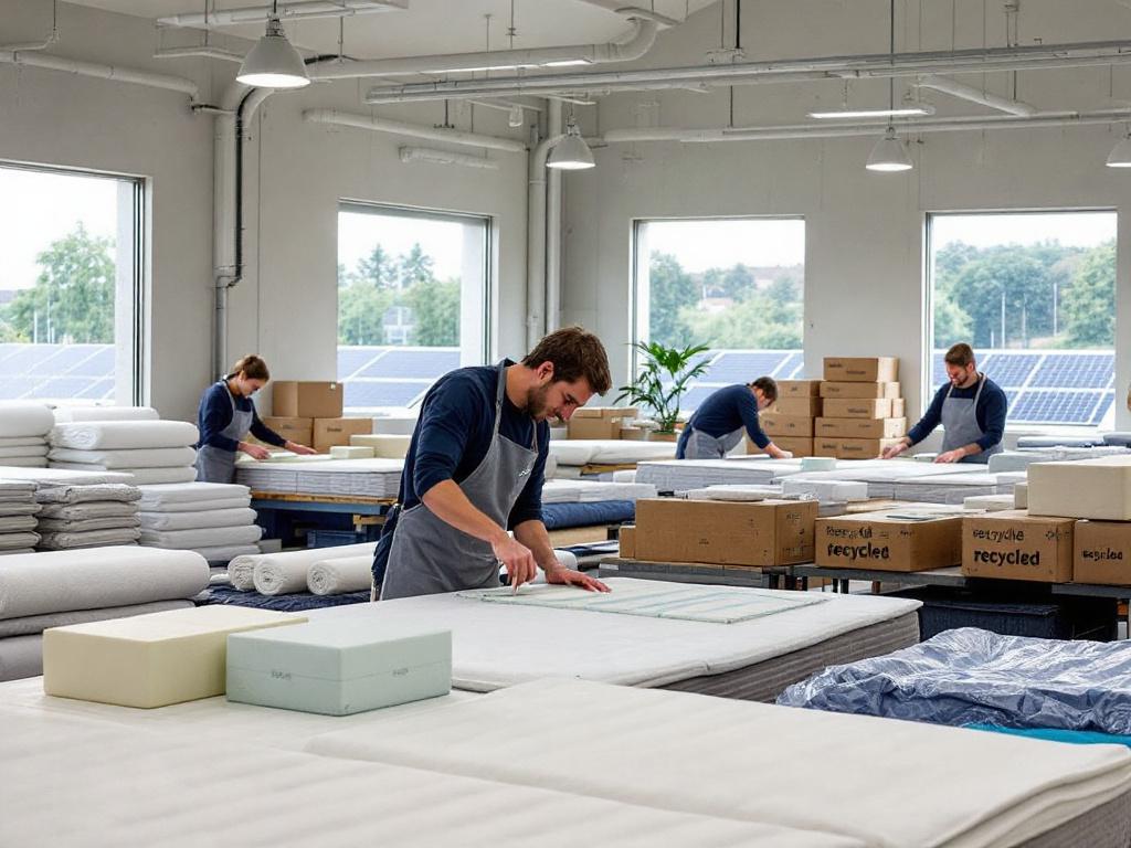 Intérieur d'usine avec production de matelas durable et panneaux solaires