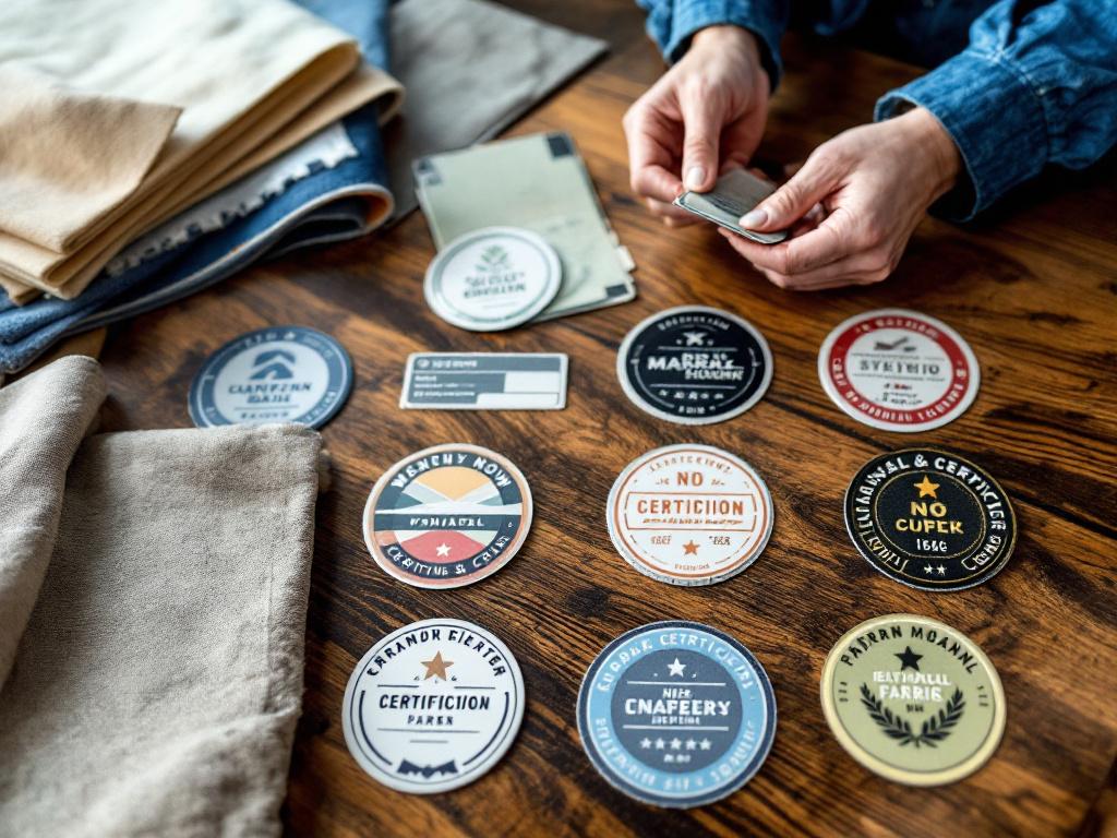 Badges de certifications et échantillons de tissus sur une table