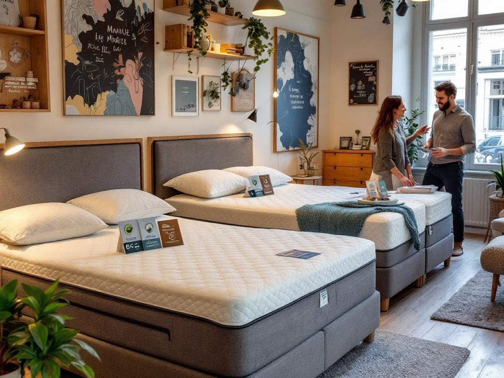Showroom français avec plusieurs matelas et fiches d'information éco