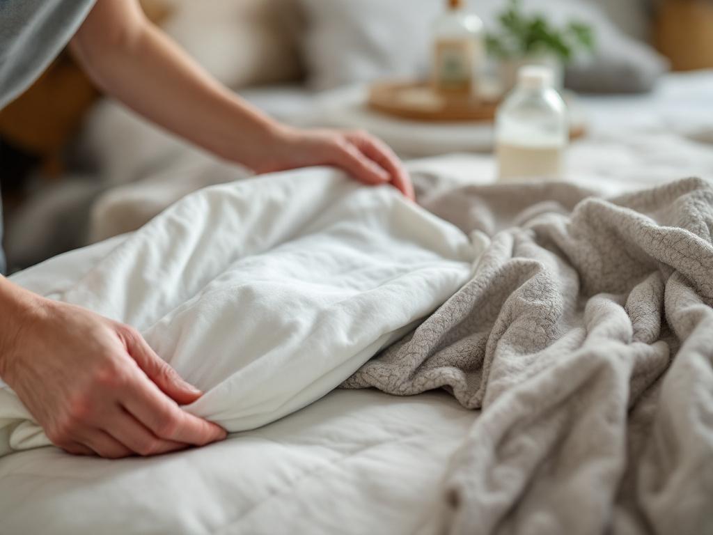 Mains retirant une housse de matelas biologique et produits naturels de nettoyage