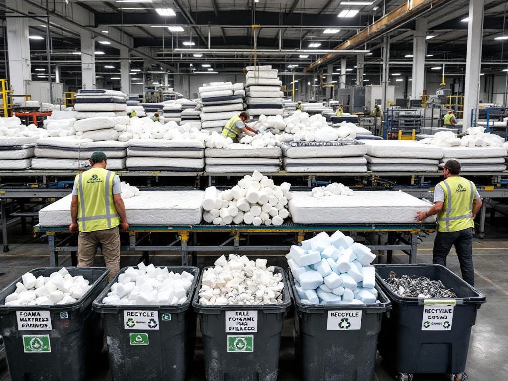 Centre de recyclage où des matelas sont triés en mousse et ressorts
