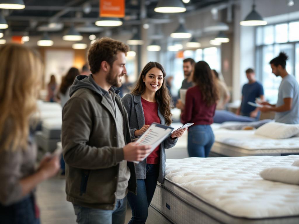 Client avec liste de critères essayant un matelas en magasin