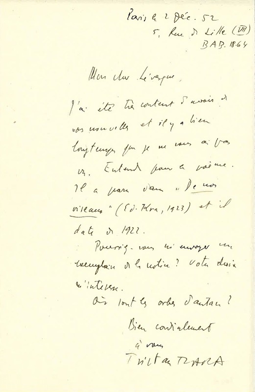 Tristan TZARA, Lettre à Jacques Henry Levesque