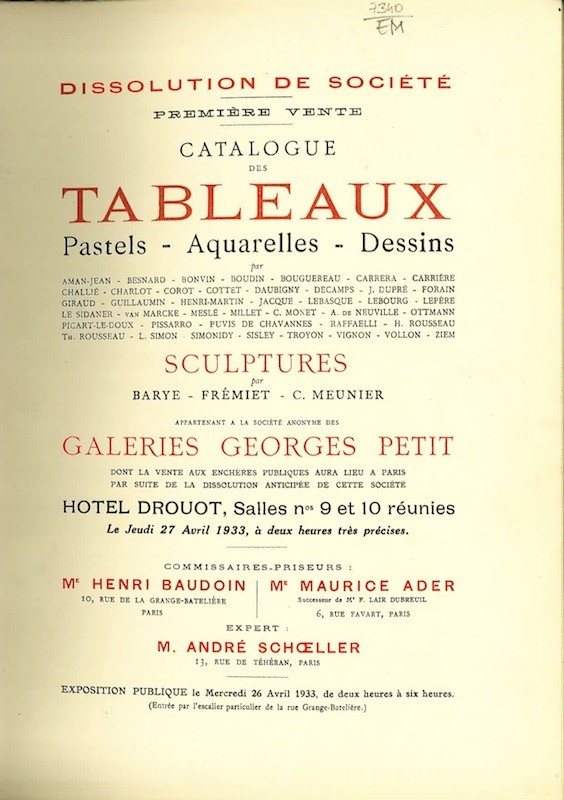 (VENTE) DISSOLUTION DE LA SOCIETE ANONYME DES GALERIES GEORGES PETIT,