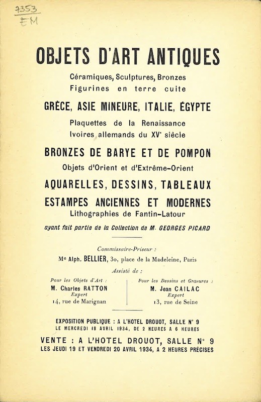 (VENTE) OBJETS D'ART ANTIQUES AYANT FAIT PARTIE DE LA COLLECTION DE M. GEORGES PICARD,