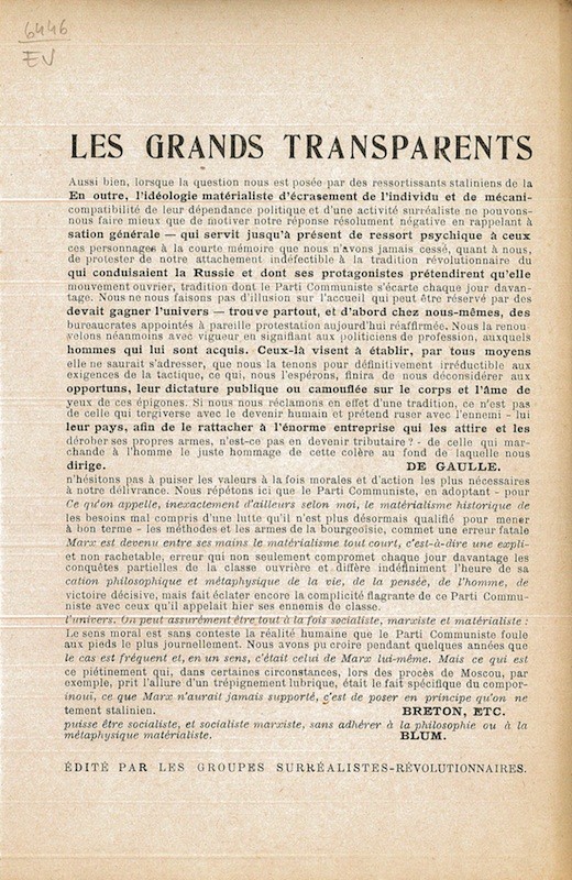 (SURREALISME REVOLUTIONNAIRE) LES GRANDS TRASPARENTS,