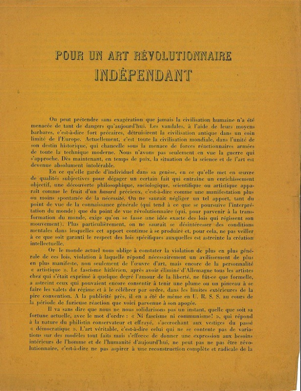 (TRACT) POUR UN ART REVOLUTIONNAIRE INDEPENDANT,