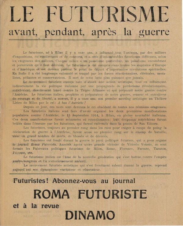 (FUTURISME) F.T. MARINETTI, LE FUTURISME AVANT, PENDANT, APRÈS LA GUERRE,