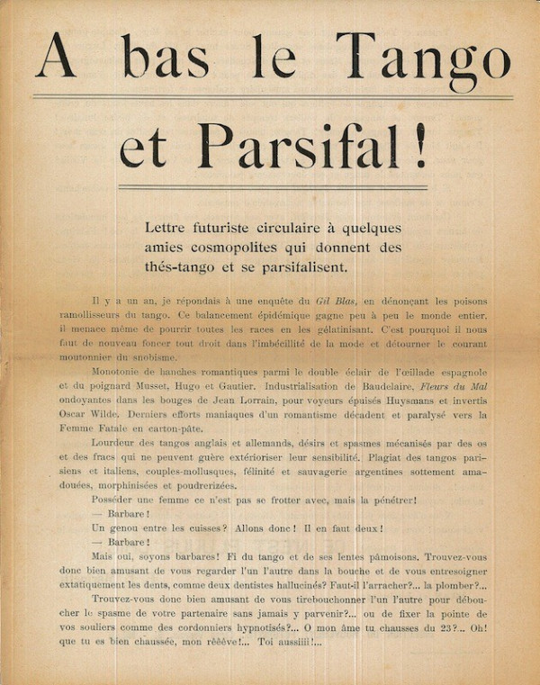 (FUTURISME) F.T. MARINETTI, A BAS LE TANGO ET PARSIFAL!,