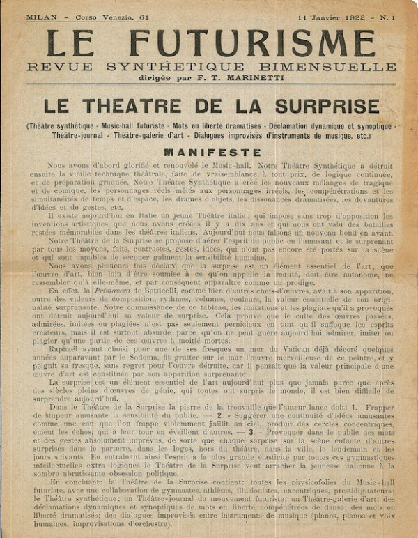 (FUTURISME) F.T. MARINETTI, F. CANGIULO, LE THÉATRE DE LA SURPRISE,
