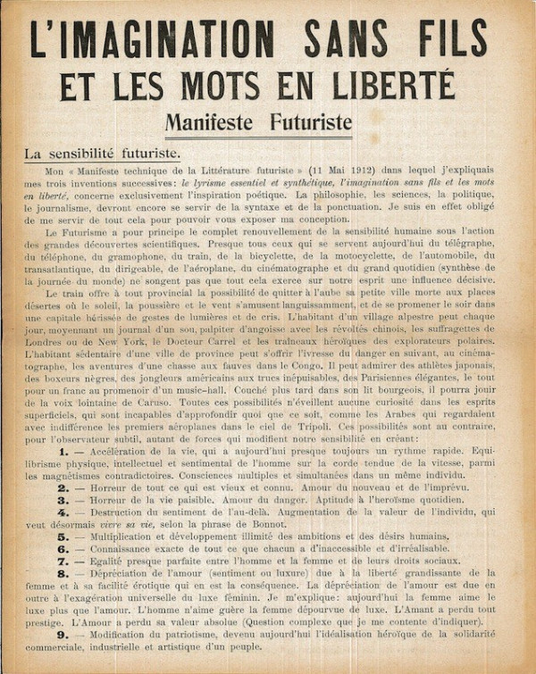 (FUTURISME) F.T. MARINETTI, L'IMAGINATION SANS FILS ET LES MOTS EN LIBERTE,