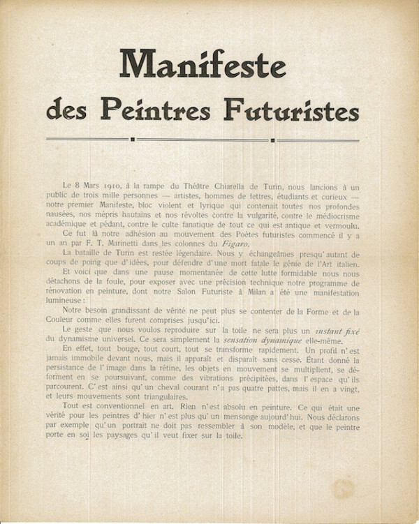 (FUTURISME) U. BOCCIONI, C.D. CARRA, L. RUSSOLO, G. BALLA, G. SEVERINI, MANIFESTE DES PEINTRES FUTURISTES,