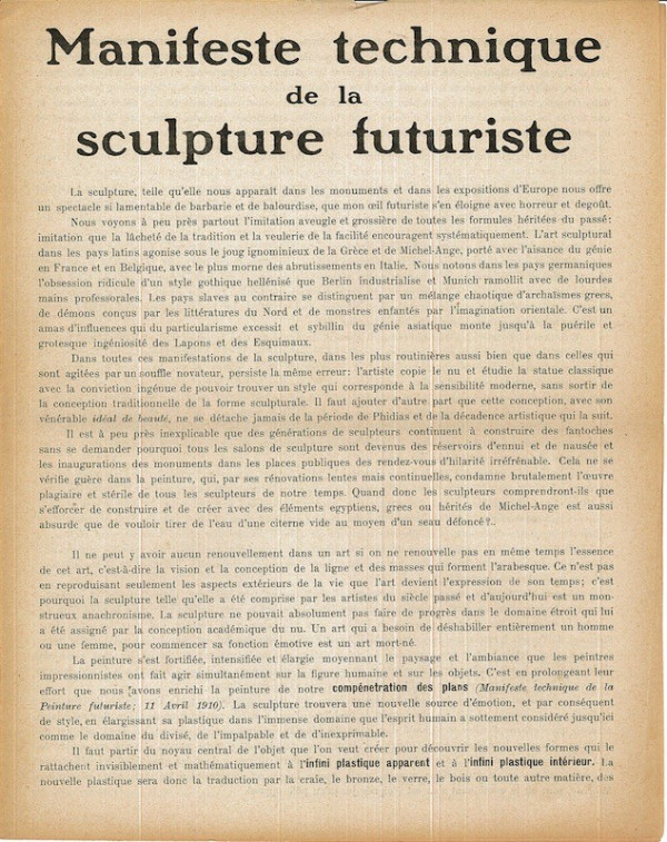 (FUTURISME) Umberto BOCCIONI, MANIFESTE TECHNIQUE DE LA SCULPTURE FUTURISTE,