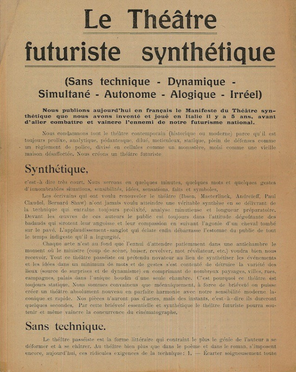 (FUTURISME) F.T. MARINETTI, Emilio SETTIMELLI, Bruno CORRADINI, LE THÉATRE FUTURISTE SYNTHÉTIQUE (Sans technique - Dynamique - Simultané - Autonome - Alogique - Irréel),