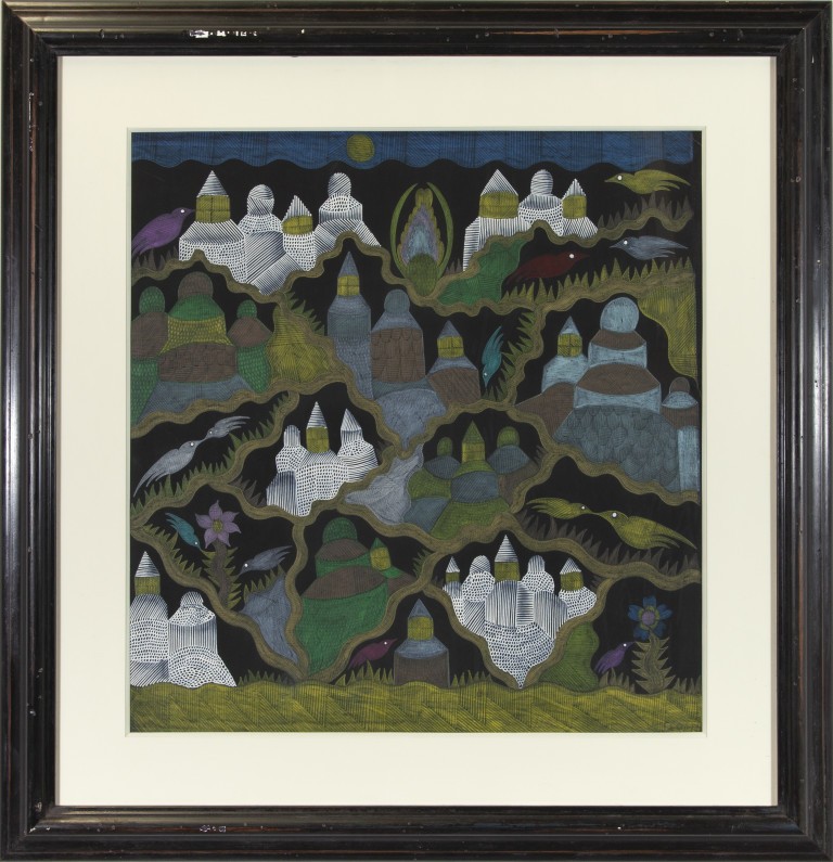 Scottie Wilson - Village tranquille dans les montagnes - - Gouache et crayon gras sur papier noir 55 x 52 cm