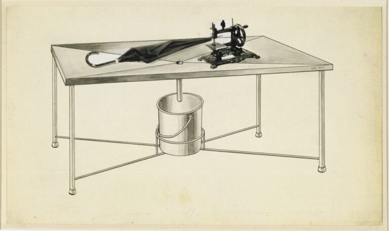 - MAN RAY, Rencontre d'une machine à coudre et d'un parapluie sur une table de dissection - 1932-1933 - Encre et collage sur papier, 27,4 X 47,5 cm.