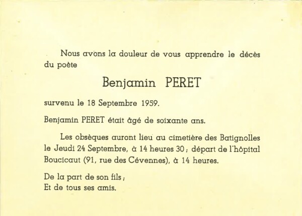 benjamin peret faire part de deces