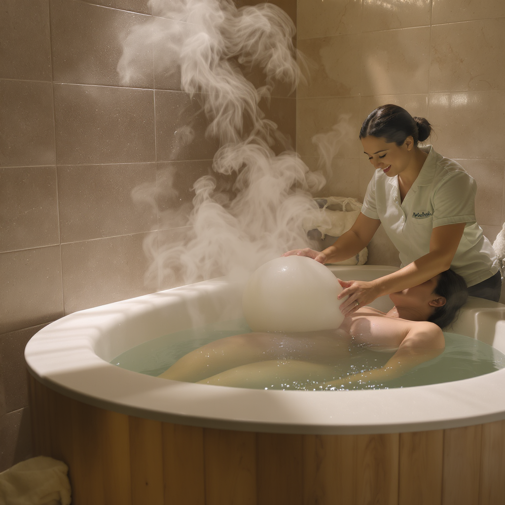 Baignoire de naissance et ballon utilisés pendant le travail