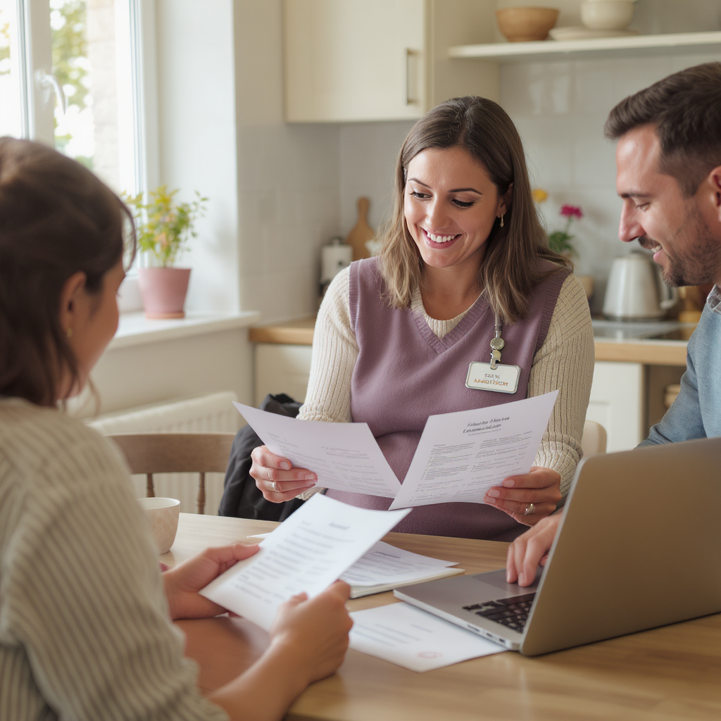 Sage-femme montrant certificats à un couple