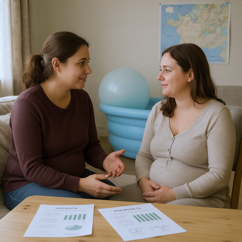 Sage-femme consultant à domicile avec carte de France et documents